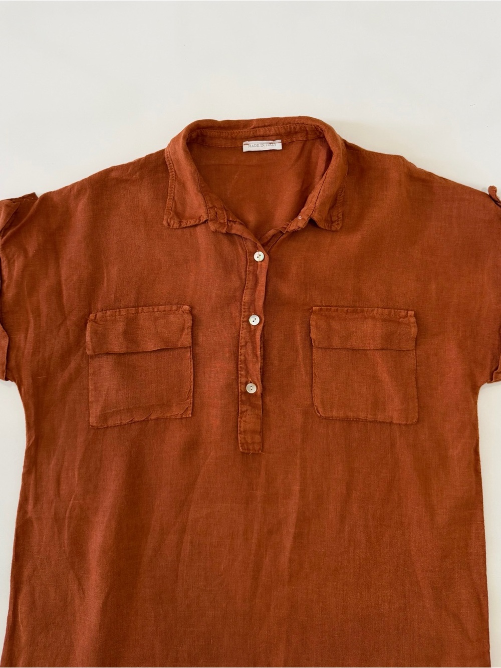 Made In Italy 100% Linen Women’s Shirt Dress Button-Front Short Sleeve Rust - Picture 3 of 7